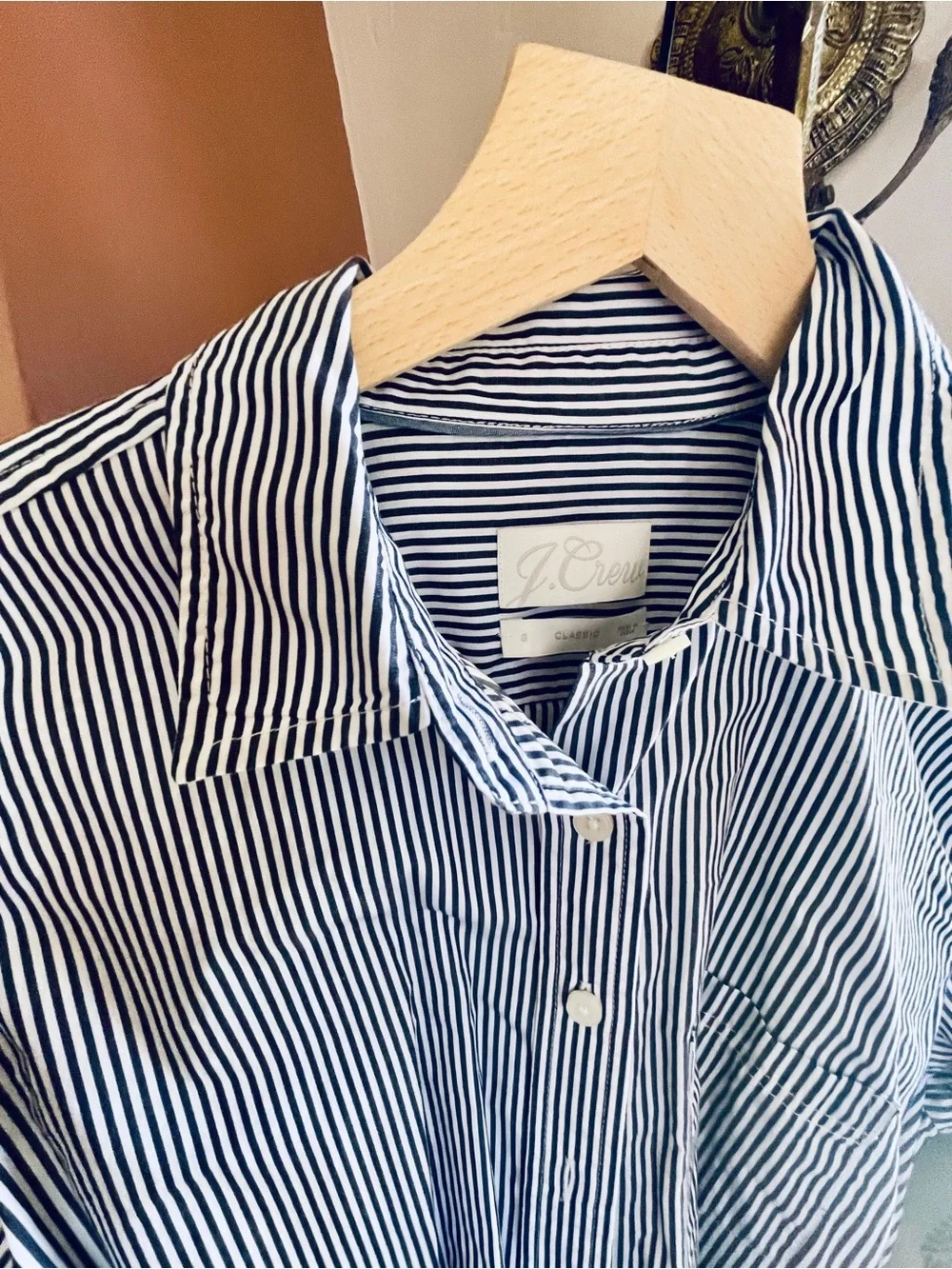 J. Crew Navy and White Striped Button-Down Shirt Dress with Waist Tie, pockets